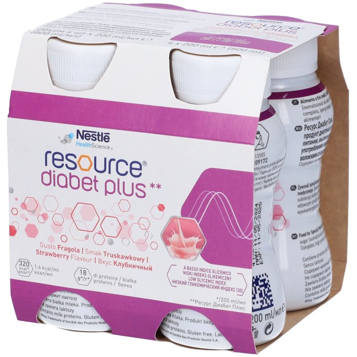 Nestlé Health Science Resource Diabet Plus Bebida de bajo índice glucémico de fresa con 100% fibra soluble 4 x 200 ml