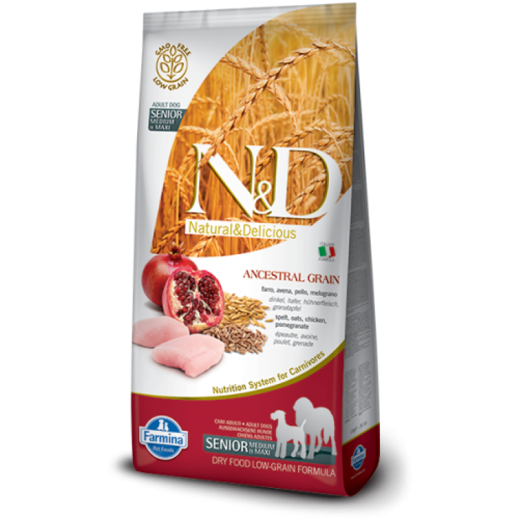 N&D Low Ancestral Grain Senior Medium/Maxi Alimento Seco de Pollo y Granada para Perros de Edad Avanzada 12Kg