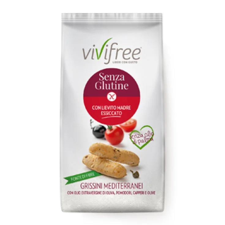 Vivifree Palitos de Pan Mediterráneos Sin Gluten Con Aceite de Oliva Virgen Extra, Tomate, Alcaparras y Aceitunas 150g