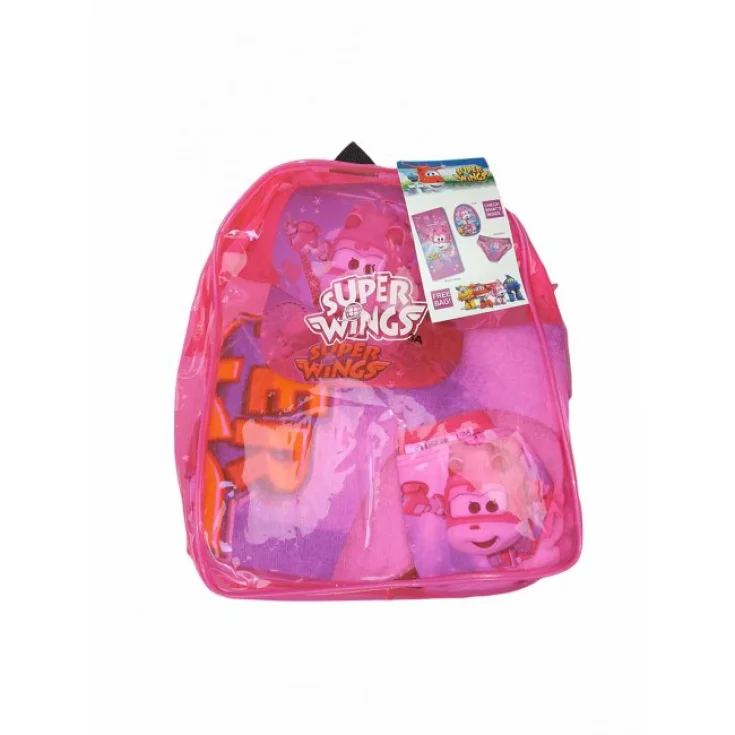 Sea set mochila toalla gorro traje slip bañador niña Super Wings fucsia 4A